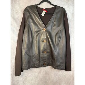 Vintage Anne Klein Brown Genuine‎ Leather Knit Combo Cardigan Sweater Women's 2X